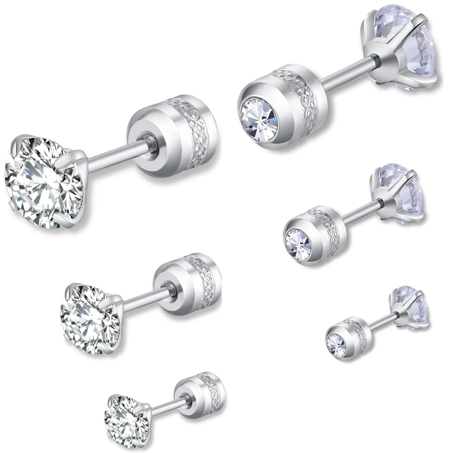Pack of 3 Screw Back Cubic Zirconia Earrings Studs 3MM/5MM/7MM,18K Gold Plated Titanium Stud Earrings for Men Women Birthday Anniversar (silver)