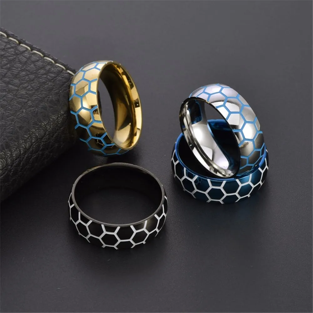 PAMTIER 8mm Men Women Stainless Steel Sports Balls Ring Football Soccer Pattern Ring Glow in The Dark Sport Jewelry Gift