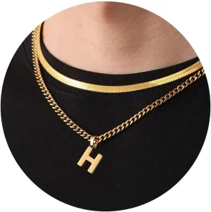 P.BLAKE Layered Initial A-Z Pendant Necklaces Graduation Gifts for Men Boys, Stainless Steel Letter Cuban Link Herringbone Chain Fashion Jewelry Gifts