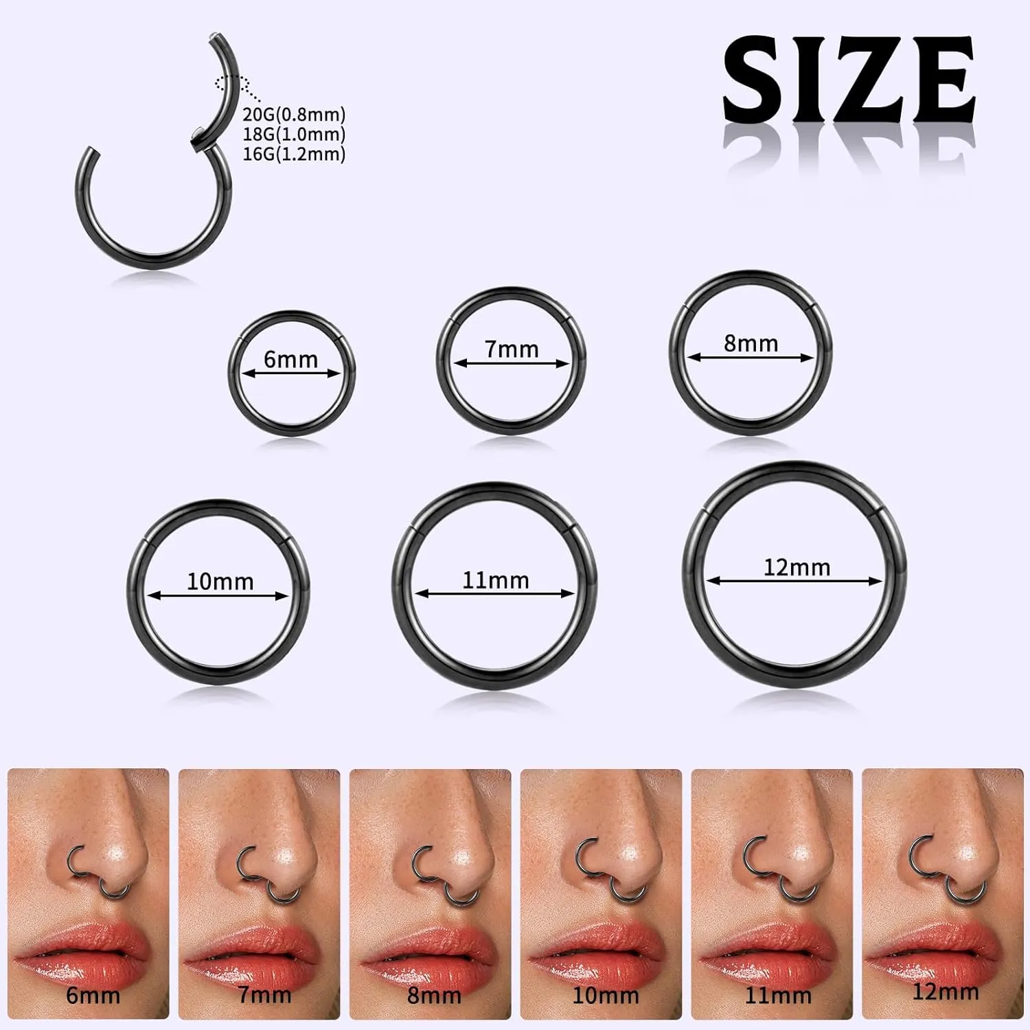 PEAKLINK 3pcs Titanium Nose Hoop Ring Set 20G 18G 16G Septum Ring Seamless Clicker Ring Conch Helix Lobe Hoop Earring Tragus Daith Rook Lip Belly Cartilage Sleeper Piercing Jewelry 6mm to 12mm