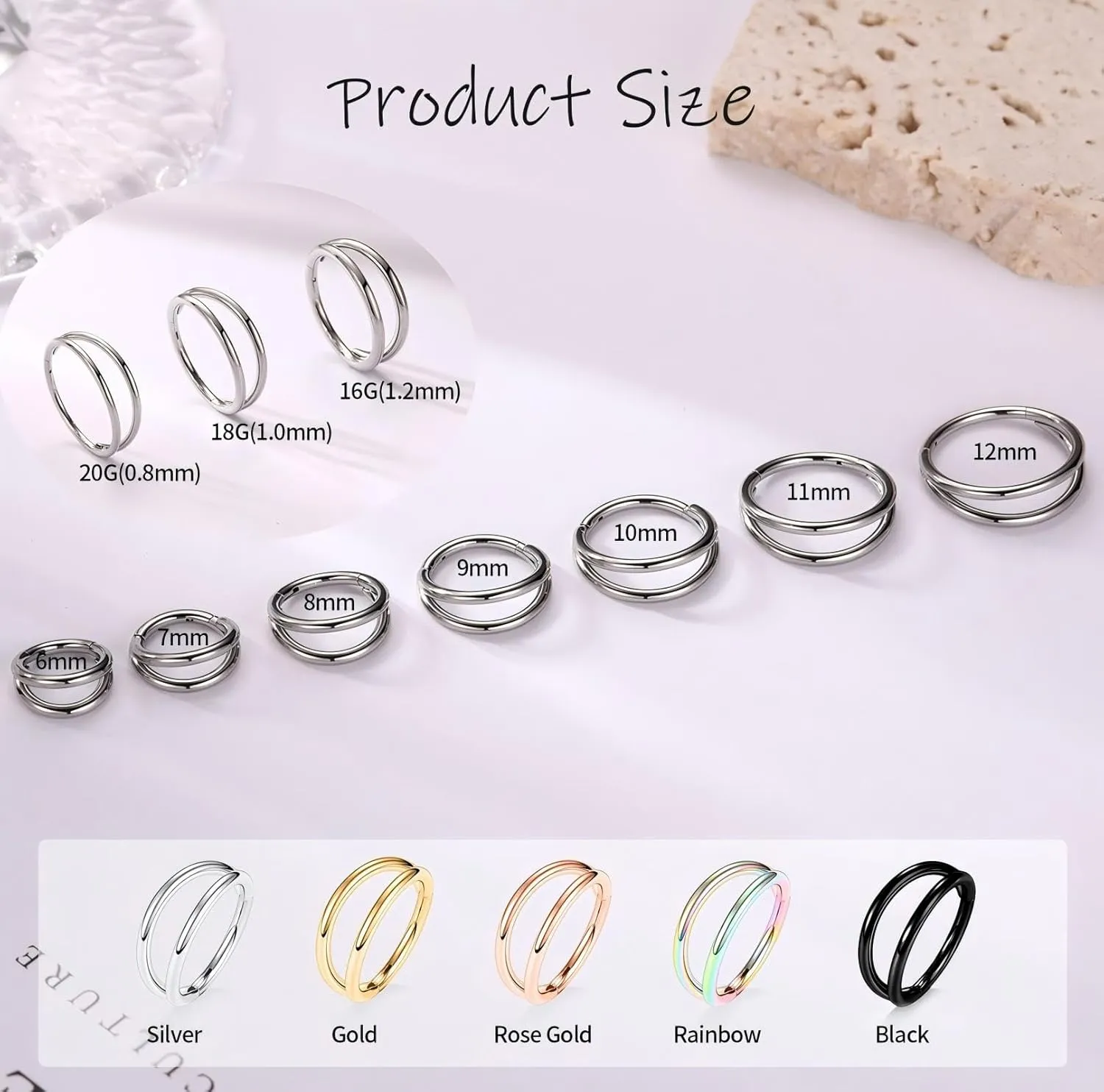 PEAKLINK Seamless Nose Hoop Rings 316L Surgical Steel Double Cartilage Helix Conch Piercing Jewelry Ear Hoop Earrings Septum Jewelry Septum Clicker Ring Daith Rook Tragus Lip Jewelry 6mm to 12mm