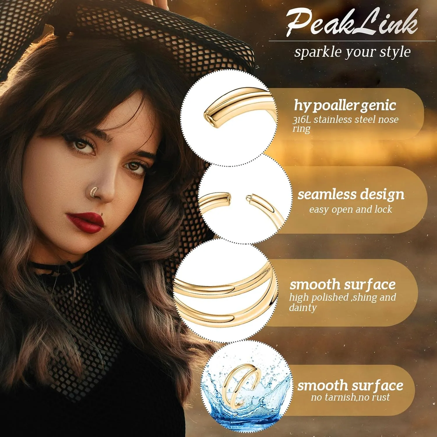 PEAKLINK Seamless Nose Hoop Rings 316L Surgical Steel Double Cartilage Helix Conch Piercing Jewelry Ear Hoop Earrings Septum Jewelry Septum Clicker Ring Daith Rook Tragus Lip Jewelry 6mm to 12mm