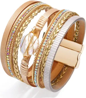 Pearl Bracelet Colorful Multilayer Boho Jewelry Braid Rhinestone Bracelet for Women