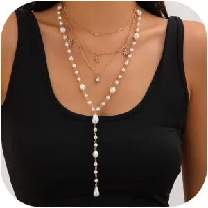Pearl Necklaces for Women, Dainty Gold Necklace 14K Gold Plated Long Lariat Y Necklace Layered Sun Moon Pendant Necklace Cuban Chain Pearl Drop Necklaces Minimalist Jewelry for Women
