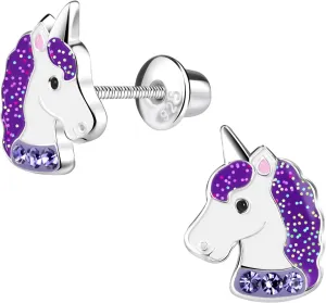 Penny & Piper Toddler Screwback Earrings Hypoallergenic for Ages  3 - Sterling Silver Earrings for Little Girls & Kids Stud Earrings - (Unicorn Glitter with Gem, 1 Pair)