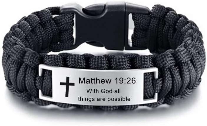 Personalized Bible Verse Bracelet for Men,Custom Stainless Steel Paracord Rope Christ Cross Bible Saying Scripture Engraved Quote Cuff Bracelets Christian Jewelry for Husband,Dad,Boyfriend,Son