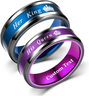 Personalized His Queen & Her King Couples Rings Set king and queen rings for couples set Men Women Stainless Steel Black Wedding Engagement Bands Promise Rings for Him and Her Valentine's Jewelry