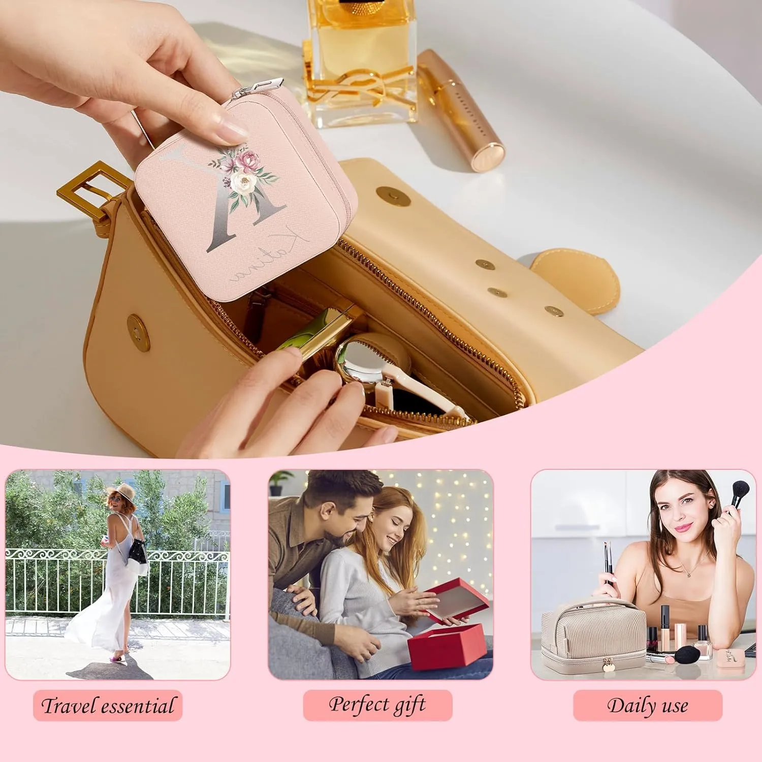 Personalized Jewelry Box for Women, Custom Travel Jewelry Case with Initial and Name, Small Travel Jewelry Organizer for Rings, Earrings, Necklaces, Personalized Gifts for Women, A-Z