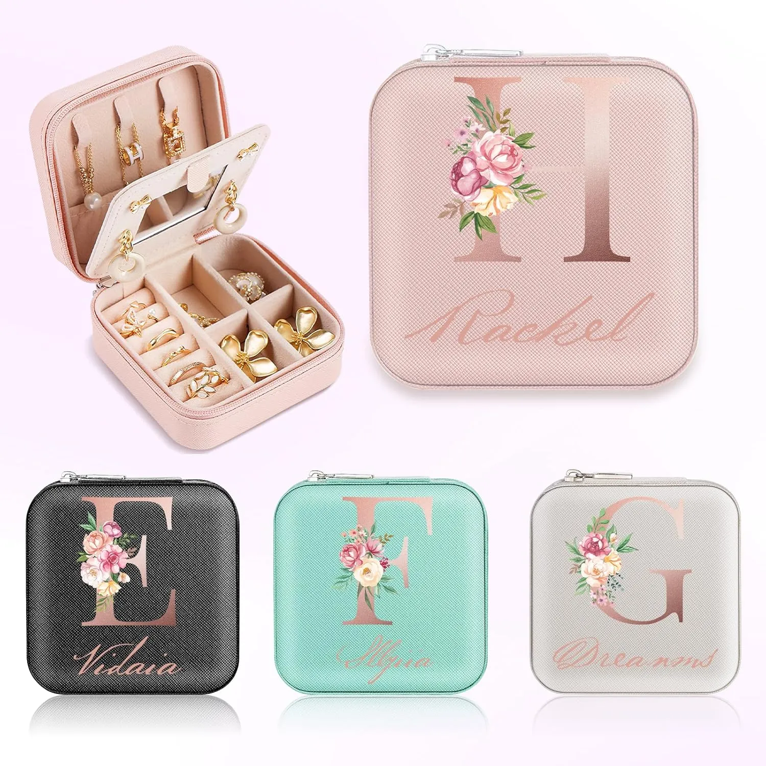 Personalized Jewelry Box for Women, Custom Travel Jewelry Case with Initial and Name, Small Travel Jewelry Organizer for Rings, Earrings, Necklaces, Personalized Gifts for Women, A-Z