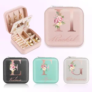 Personalized Jewelry Box for Women, Custom Travel Jewelry Case with Initial and Name, Small Travel Jewelry Organizer for Rings, Earrings, Necklaces, Personalized Gifts for Women, A-Z