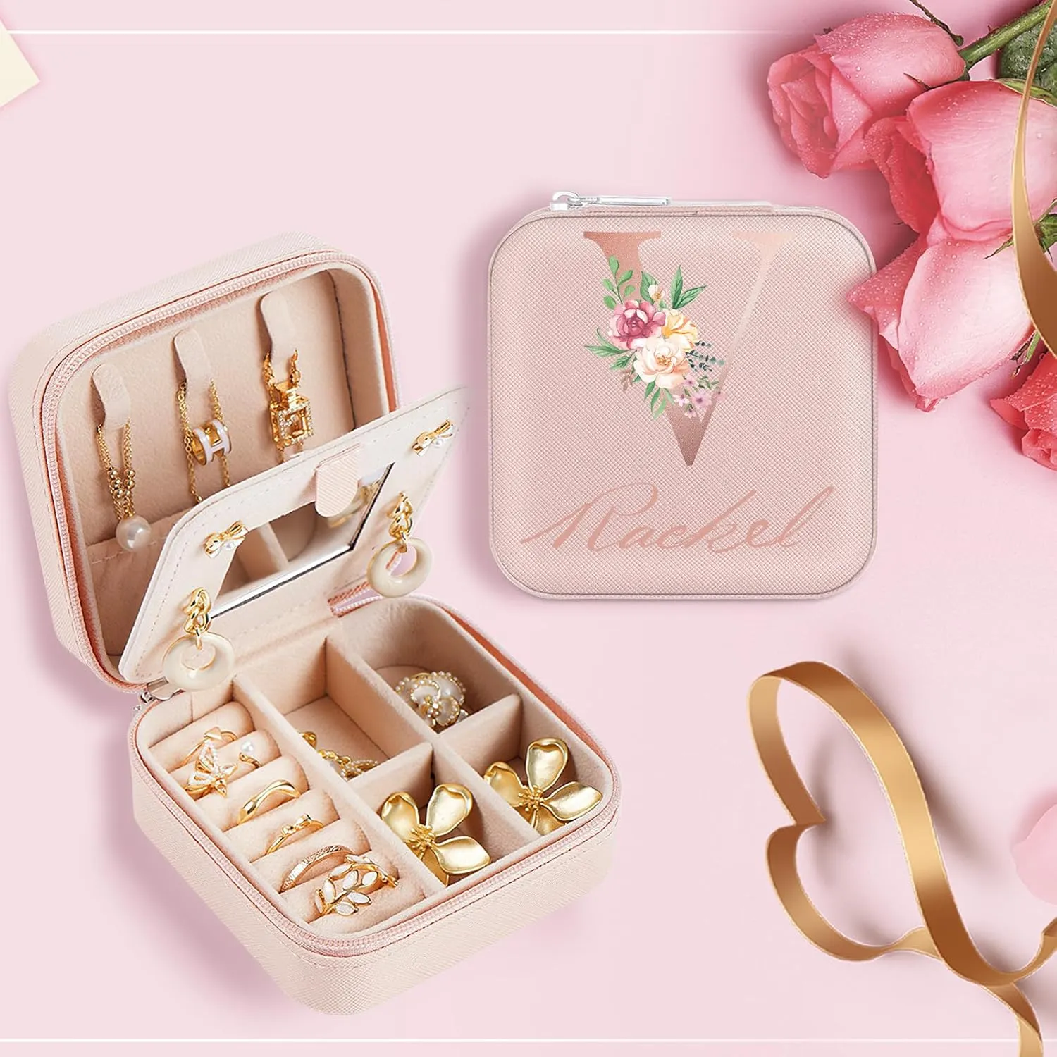 Personalized Jewelry Box for Women, Custom Travel Jewelry Case with Initial and Name, Small Travel Jewelry Organizer for Rings, Earrings, Necklaces, Personalized Gifts for Women, A-Z