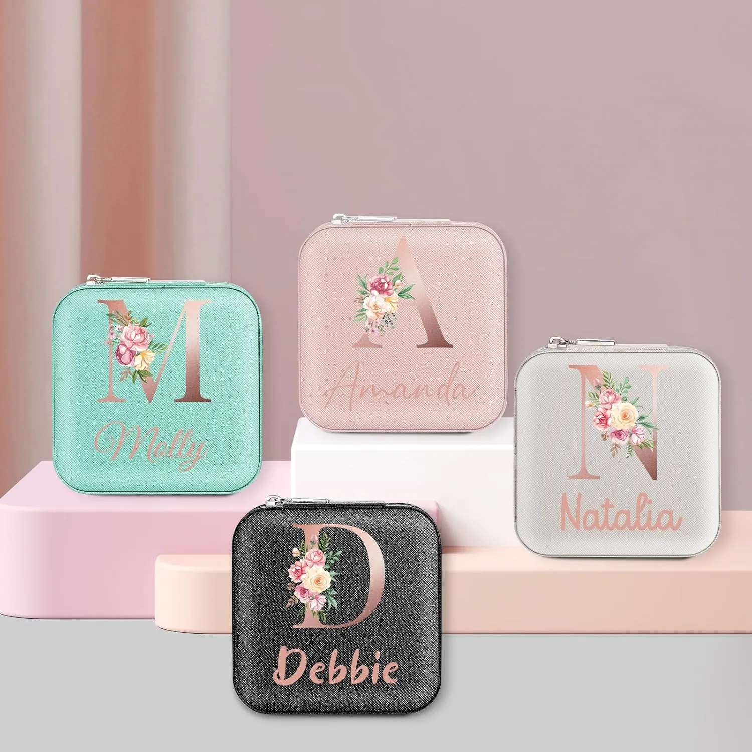 Personalized Jewelry Box for Women, Custom Travel Jewelry Case with Initial and Name, Small Travel Jewelry Organizer for Rings, Earrings, Necklaces, Personalized Gifts for Women, A-Z
