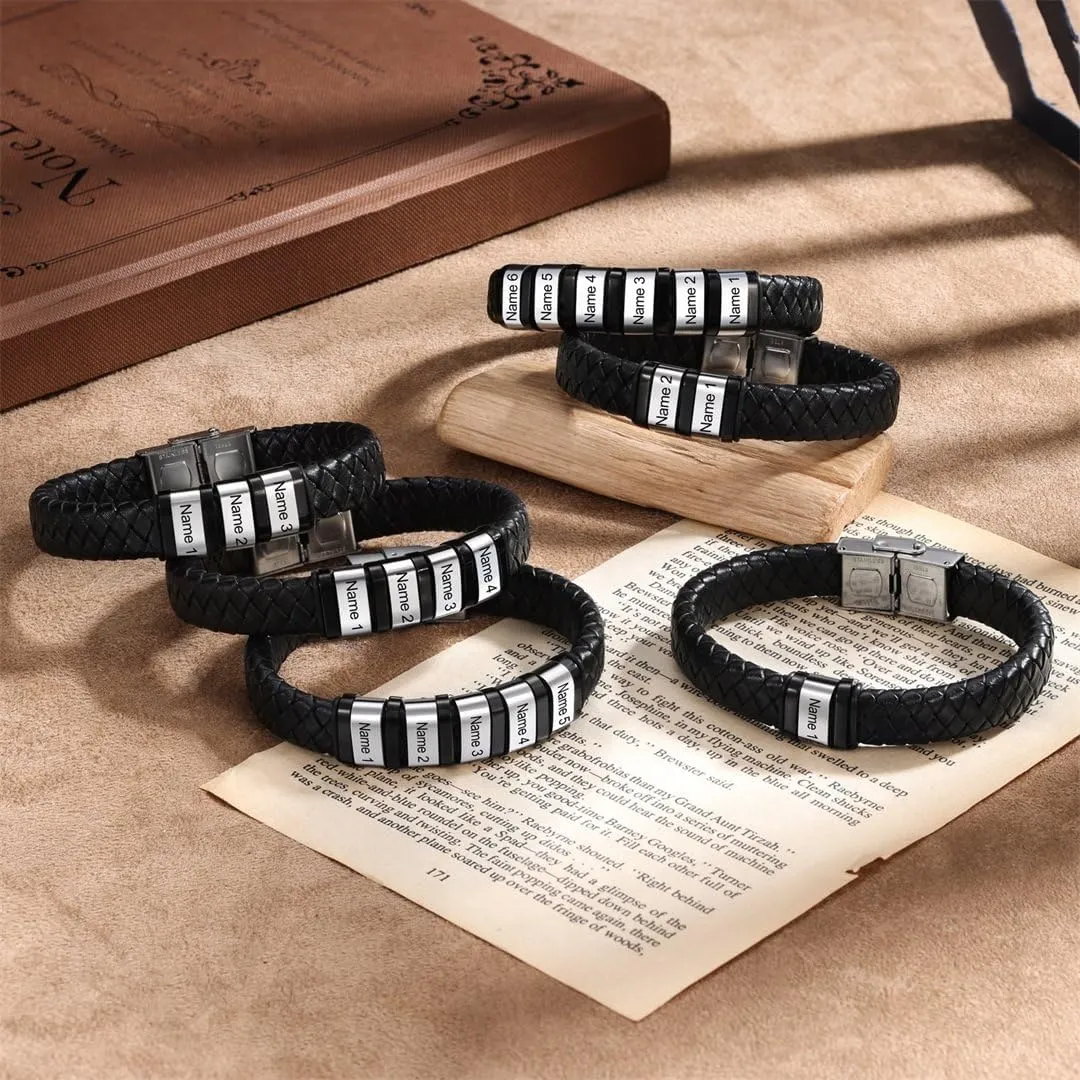 Personalized Leather Bracelet for Men Silver Black 1-8 Name Beads Bracelets Custom Engraved Family of Name Mens Braid Rope Father Dad Bracelet Birthday Christmas Gift for Grandpa Husband