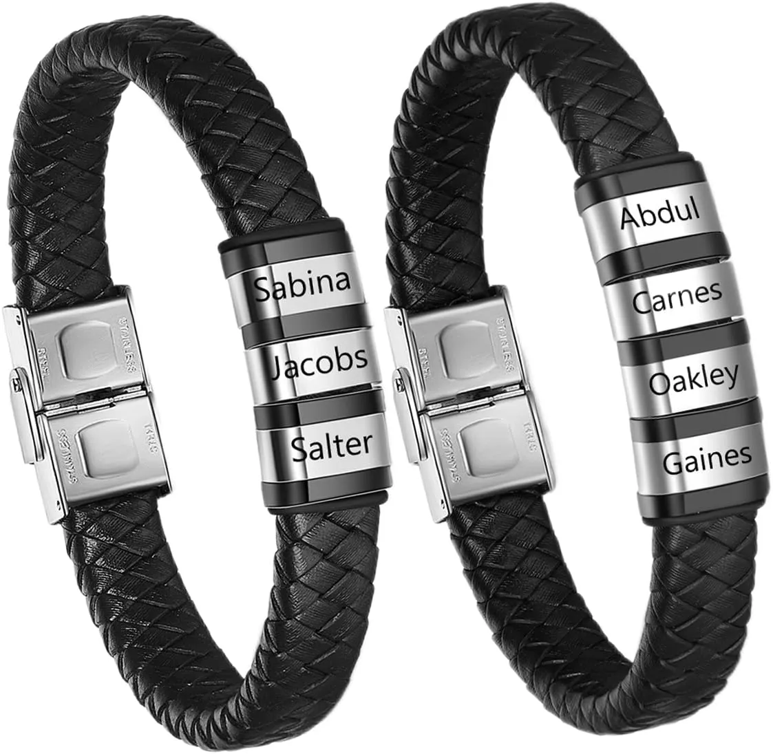 Personalized Leather Bracelet for Men Silver Black 1-8 Name Beads Bracelets Custom Engraved Family of Name Mens Braid Rope Father Dad Bracelet Birthday Christmas Gift for Grandpa Husband