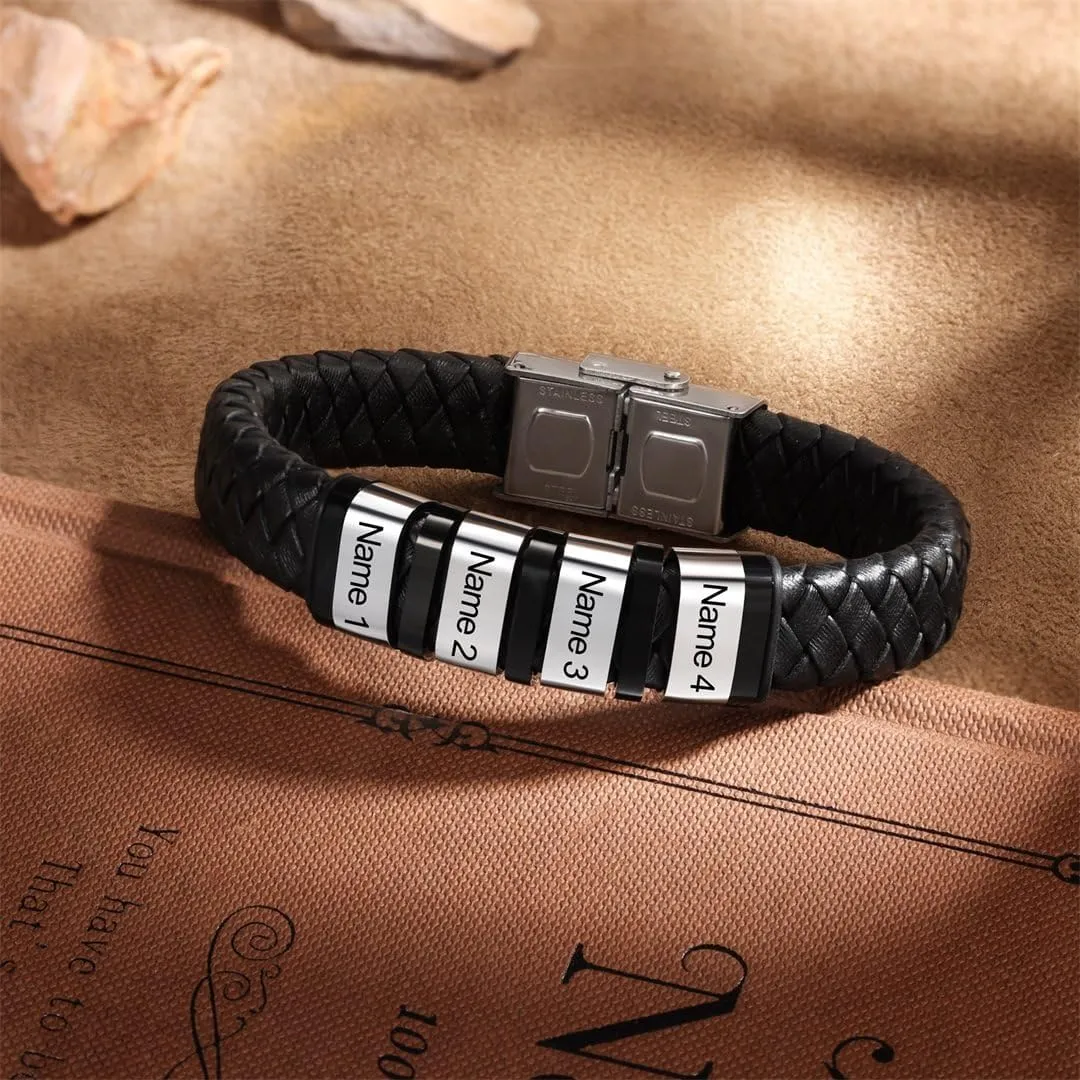 Personalized Leather Bracelet for Men Silver Black 1-8 Name Beads Bracelets Custom Engraved Family of Name Mens Braid Rope Father Dad Bracelet Birthday Christmas Gift for Grandpa Husband