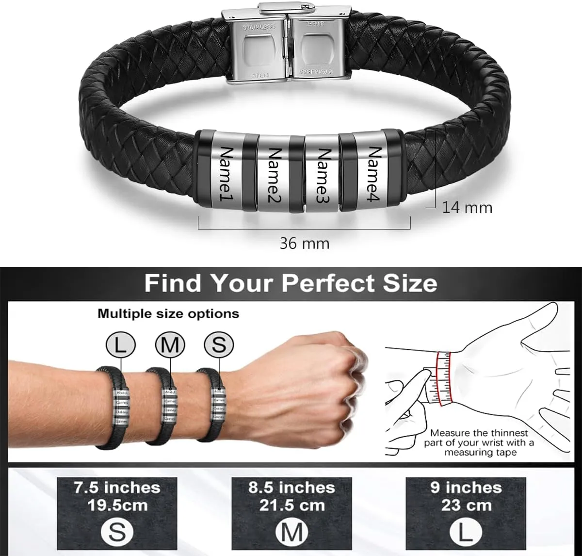 Personalized Leather Bracelet for Men Silver Black 1-8 Name Beads Bracelets Custom Engraved Family of Name Mens Braid Rope Father Dad Bracelet Birthday Christmas Gift for Grandpa Husband