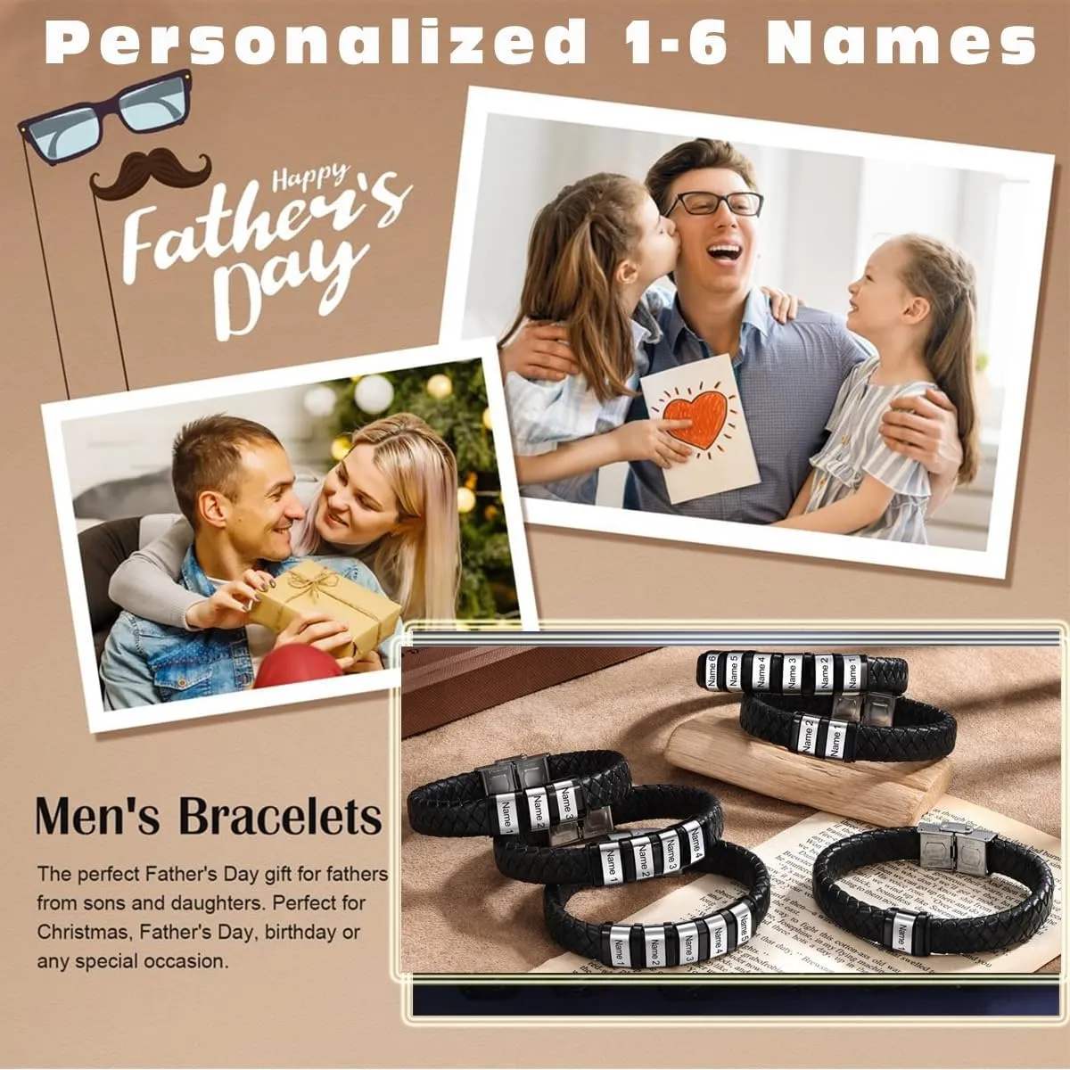 Personalized Leather Bracelet for Men Silver Black 1-8 Name Beads Bracelets Custom Engraved Family of Name Mens Braid Rope Father Dad Bracelet Birthday Christmas Gift for Grandpa Husband