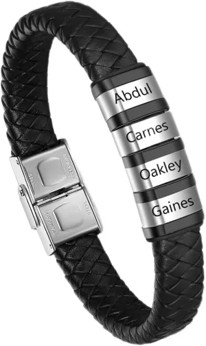 Personalized Leather Bracelet for Men Silver Black 1-8 Name Beads Bracelets Custom Engraved Family of Name Mens Braid Rope Father Dad Bracelet Birthday Christmas Gift for Grandpa Husband