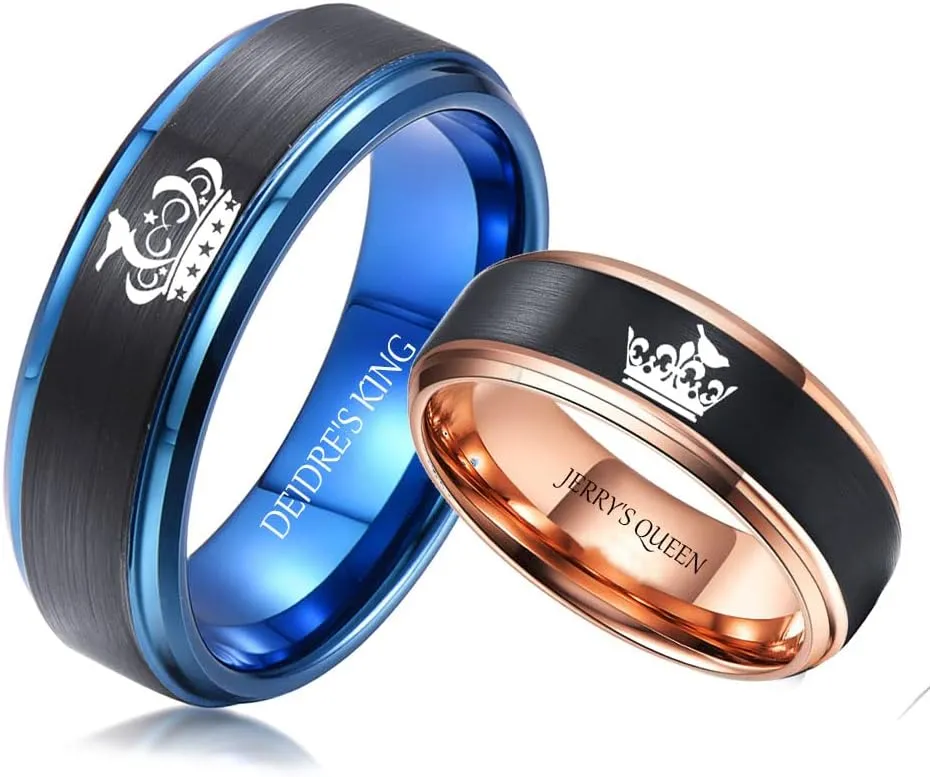 Personalized Matching Rings for Couples His Queen&Her King,Engraved King and Queen Rings for Couples Set Stainless Steel Black Wedding Engagement Bands Promise Rings for Him and Her Couples Anniversary Valentine's Jewelry