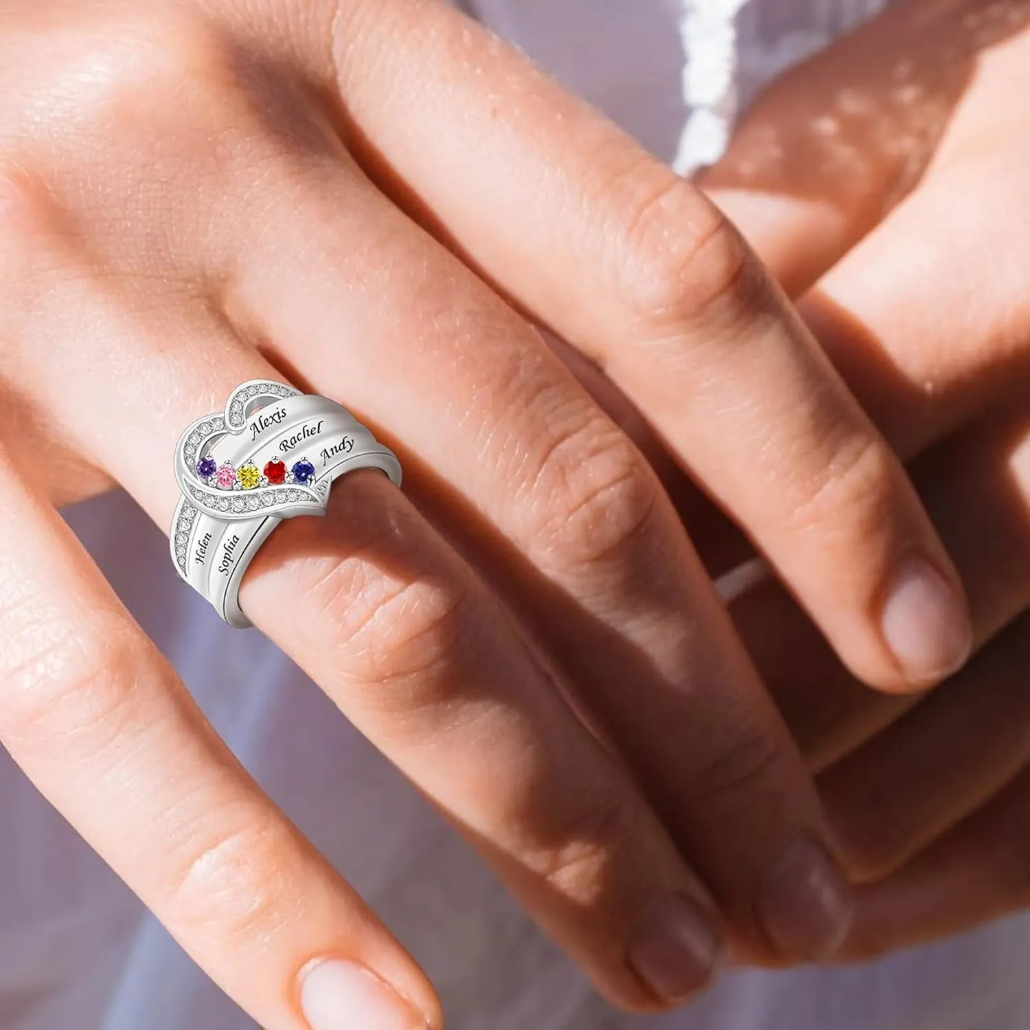 Personalized Mothers Rings with 1-8 Simulated Birthstones Heart Mother Ring with Names Custom Mother Daughter Ring Jewelry for Women Family Ring for Mom Wife Grandmother