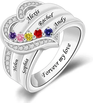 Personalized Mothers Rings with 1-8 Simulated Birthstones Heart Mother Ring with Names Custom Mother Daughter Ring Jewelry for Women Family Ring for Mom Wife Grandmother