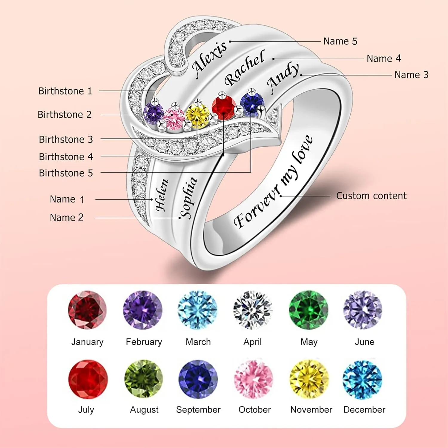 Personalized Mothers Rings with 1-8 Simulated Birthstones Heart Mother Ring with Names Custom Mother Daughter Ring Jewelry for Women Family Ring for Mom Wife Grandmother