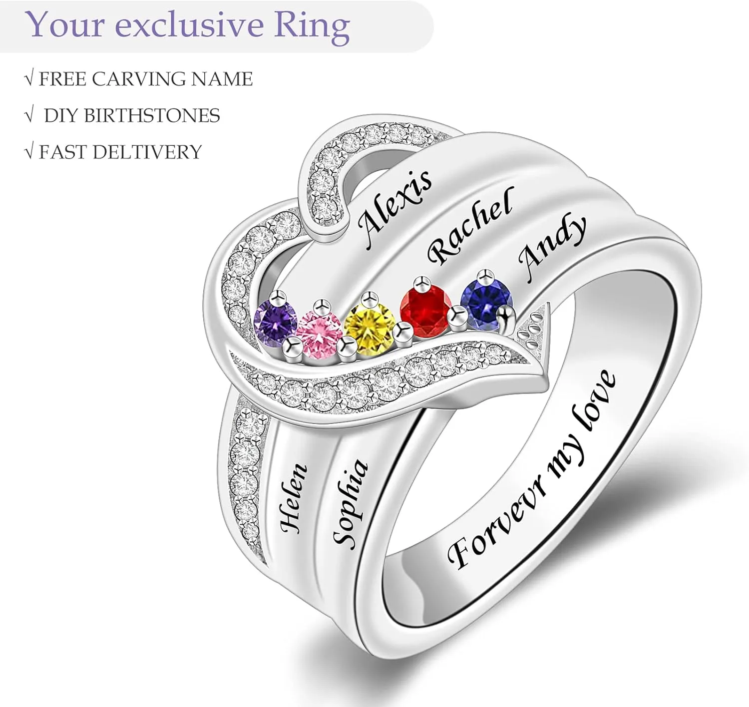 Personalized Mothers Rings with 1-8 Simulated Birthstones Heart Mother Ring with Names Custom Mother Daughter Ring Jewelry for Women Family Ring for Mom Wife Grandmother