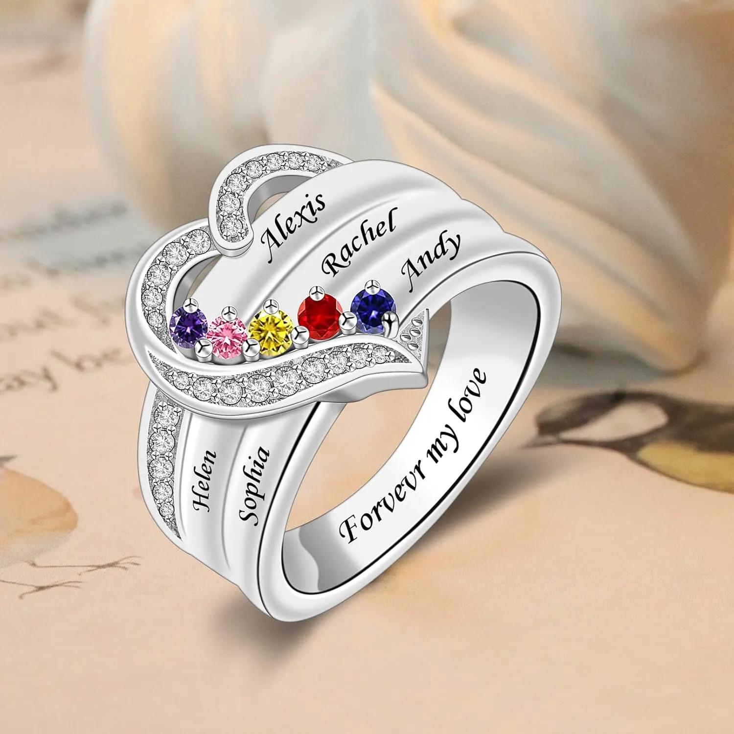 Personalized Mothers Rings with 1-8 Simulated Birthstones Heart Mother Ring with Names Custom Mother Daughter Ring Jewelry for Women Family Ring for Mom Wife Grandmother
