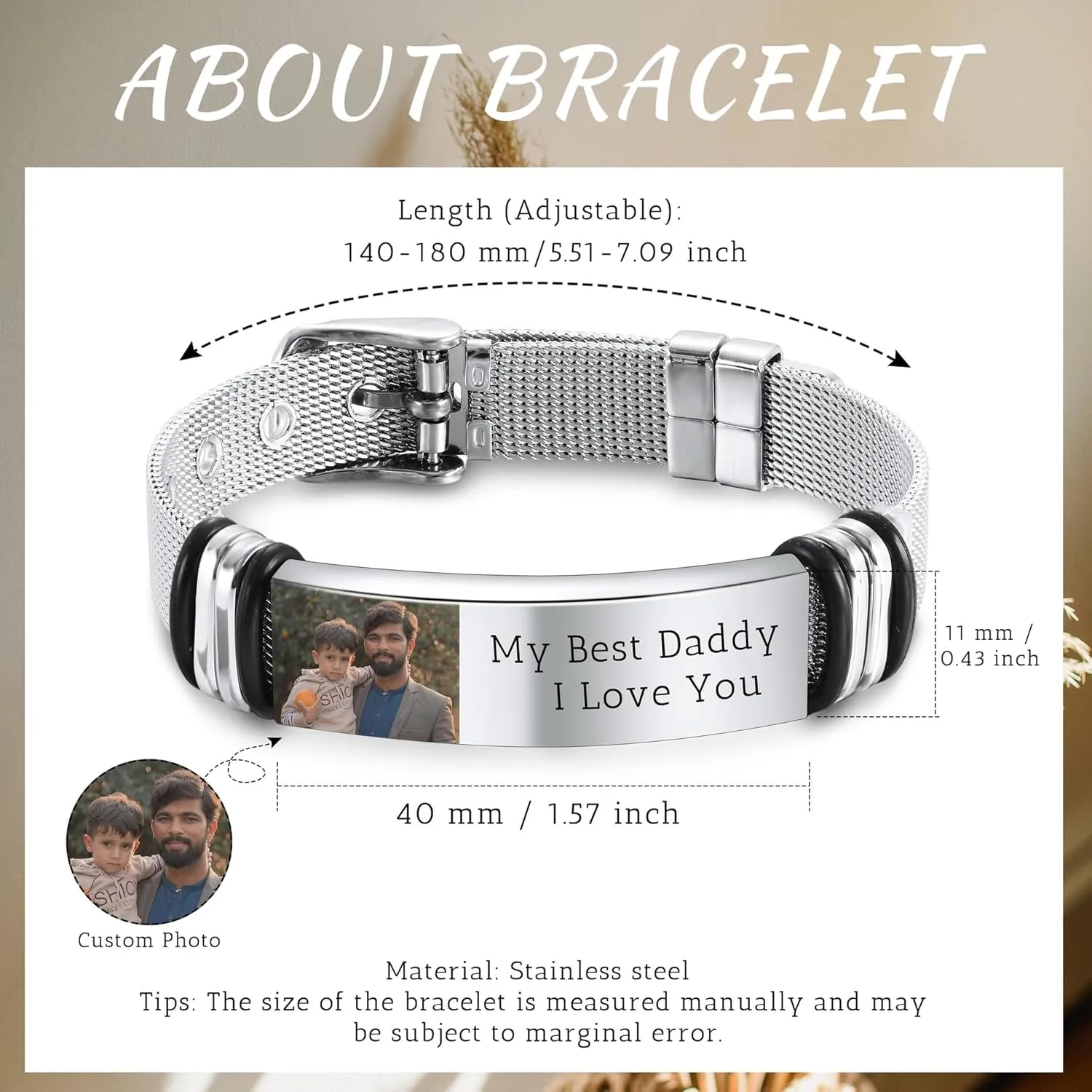 Personalized Photo Bracelets for Men Stainless Steel Picture Bracelet Engraved Photo/Text/Name Adjust Bracelet for Men Memorial Link Bracelet Gift for Women Couples Father's Day