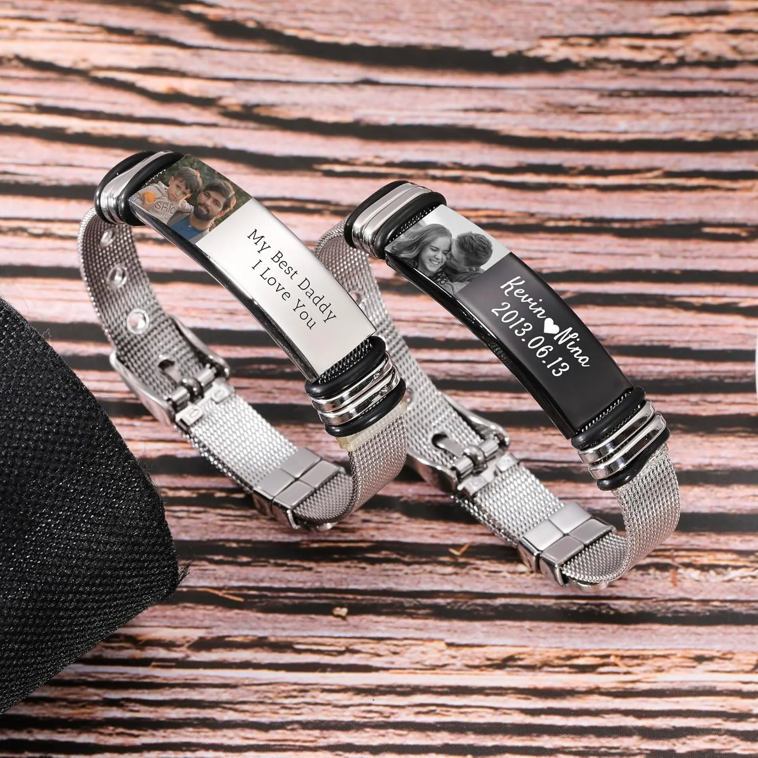 Personalized Photo Bracelets for Men Stainless Steel Picture Bracelet Engraved Photo/Text/Name Adjust Bracelet for Men Memorial Link Bracelet Gift for Women Couples Father's Day