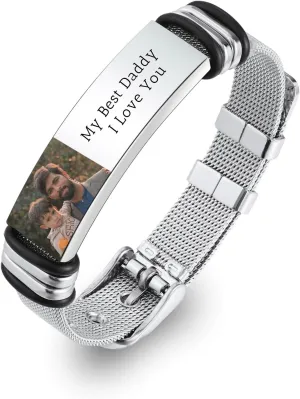 Personalized Photo Bracelets for Men Stainless Steel Picture Bracelet Engraved Photo/Text/Name Adjust Bracelet for Men Memorial Link Bracelet Gift for Women Couples Father's Day