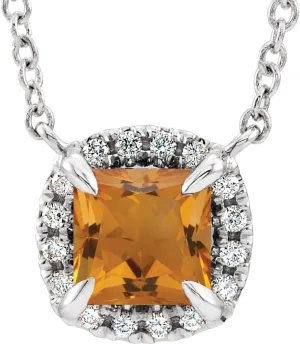 Platinum 3x3mm Square Shape Citrine and .05 cttw Diamond Halo-Style Necklace Fine Jewelry for Women Gifts for Her (7.01x6.62mm, G-H, SI2-SI3), 18"