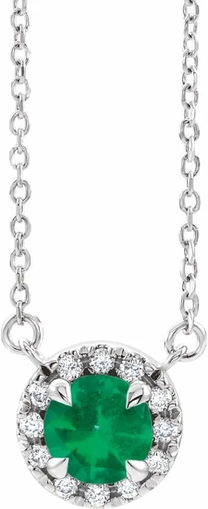 Platinum 4.5mm Round Shape Emerald and .06 cttw Diamond Halo-Style Necklace Fine Jewelry for Women Gifts for Her (7.6mm, G-H, SI2-SI3), 18"