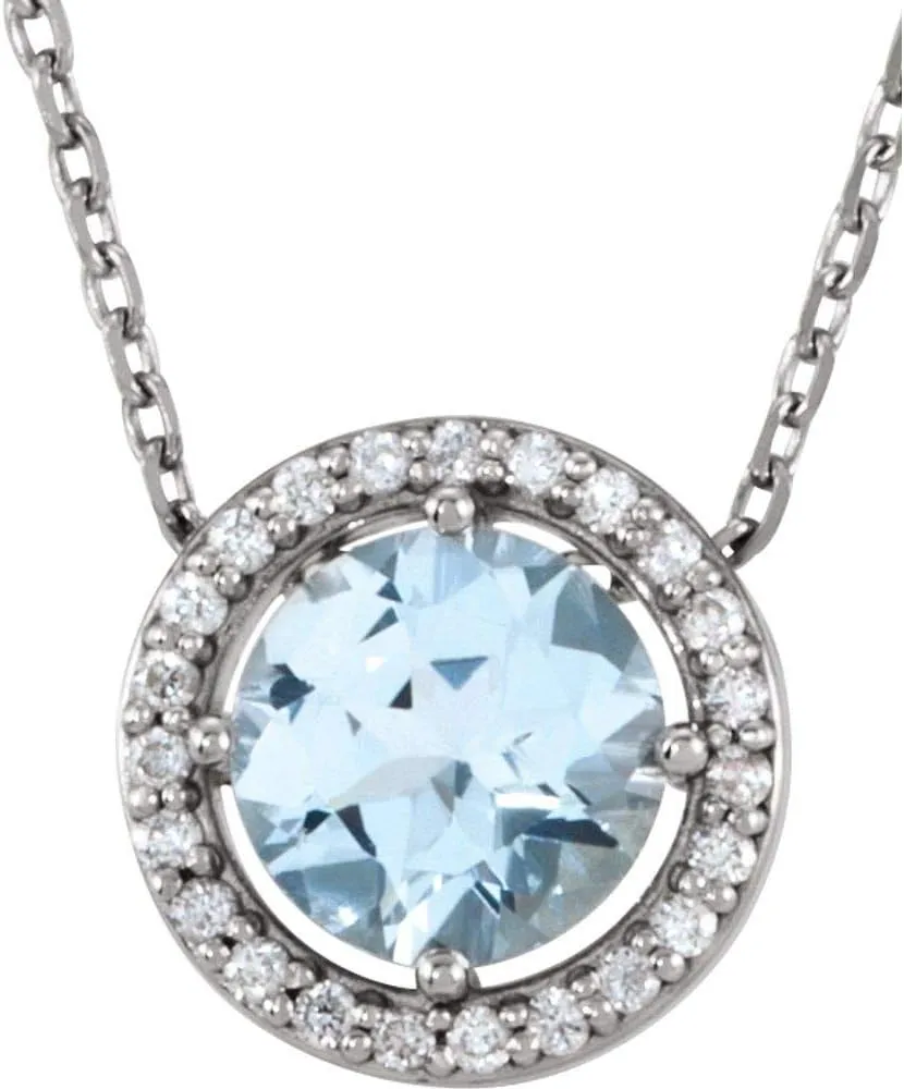 Platinum Round Shape Aquamarine and .05 cttw Diamond Halo-Style Necklace Fine Jewelry for Women Gifts for Her (G-H, I1, 8.4mm), 16"