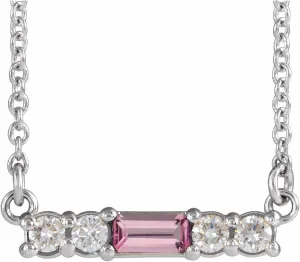 Platinum Straight Baguette Shape Pink Tourmaline and 1/5 cttw Diamond Bar Necklace Fine Jewelry for Women Gifts for Her (G-H, SI2-SI3, 15.8x3.8mm), 18"