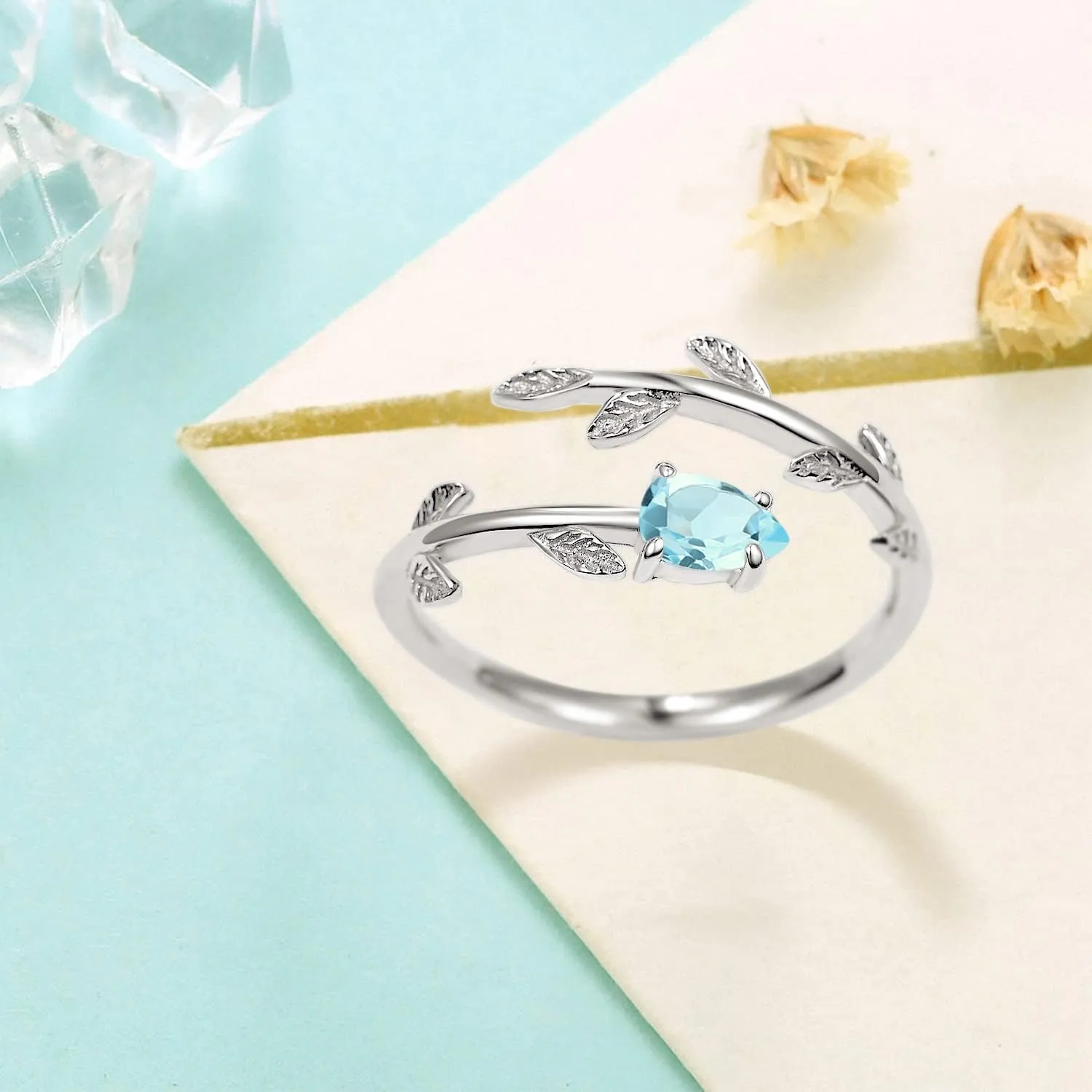 PRAYMOS 925 Sterling Silver Leaf Birthstone Rings Adjustable Open Ring for Women with Jewelry Box Size 7-9