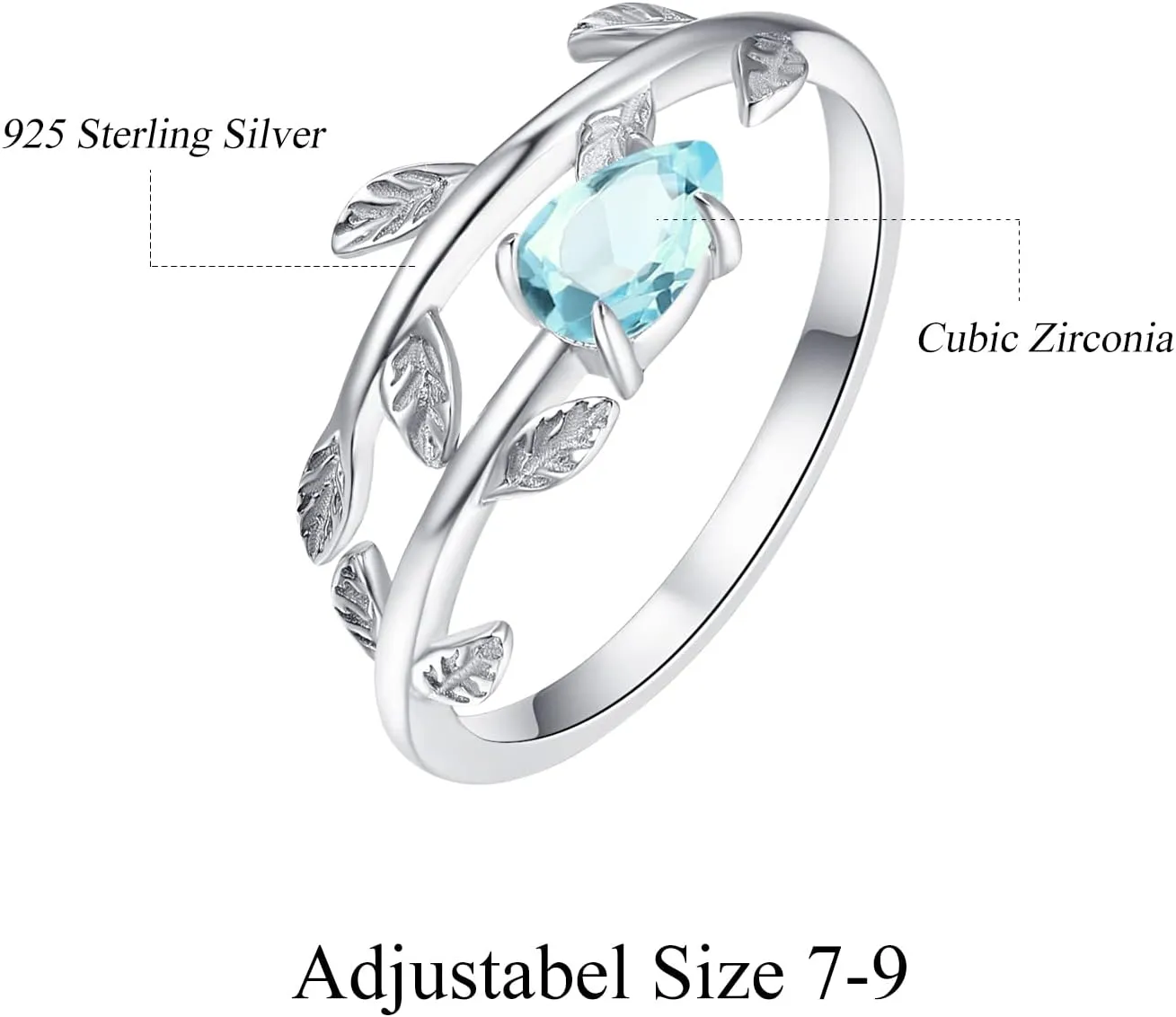 PRAYMOS 925 Sterling Silver Leaf Birthstone Rings Adjustable Open Ring for Women with Jewelry Box Size 7-9