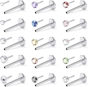 Prjndjw 16G 18G 20G Flat Back Nose Rings Studs Earrings Surgical Steel Threadless Nose Studs Straight Cartilage Earrings for Women Men Diamond CZ 1.5mm 2mm 2.5mm 3mm Silver Labret Jewelry lip Rings