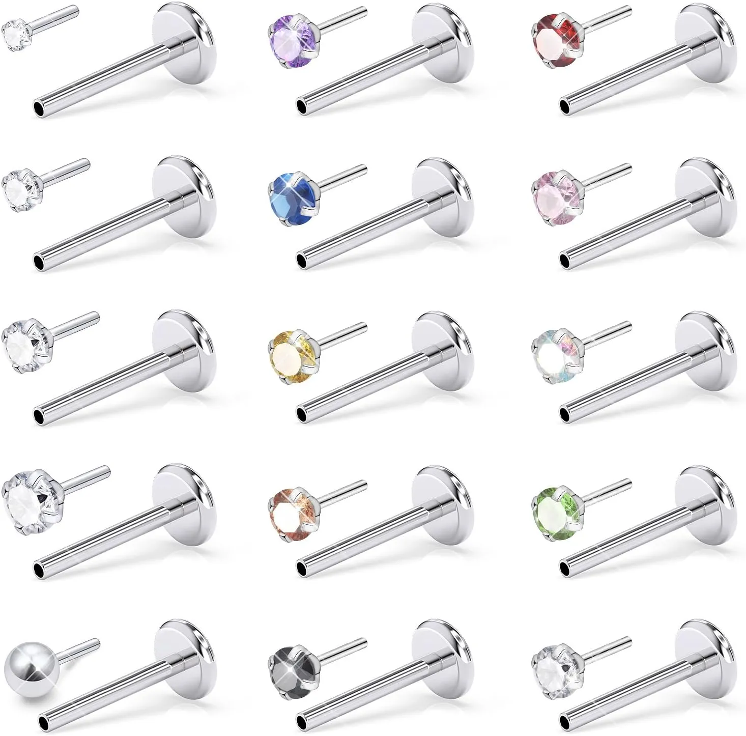 Prjndjw 16G 18G 20G Flat Back Nose Rings Studs Earrings Surgical Steel Threadless Nose Studs Straight Cartilage Earrings for Women Men Diamond CZ 1.5mm 2mm 2.5mm 3mm Silver Labret Jewelry lip Rings