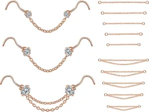 PunkTracker Nose Rings 20G - 2mm, 2.5mm, 3mm CZ Studs with Chain - Surgical Steel Nose Piercing Jewelry