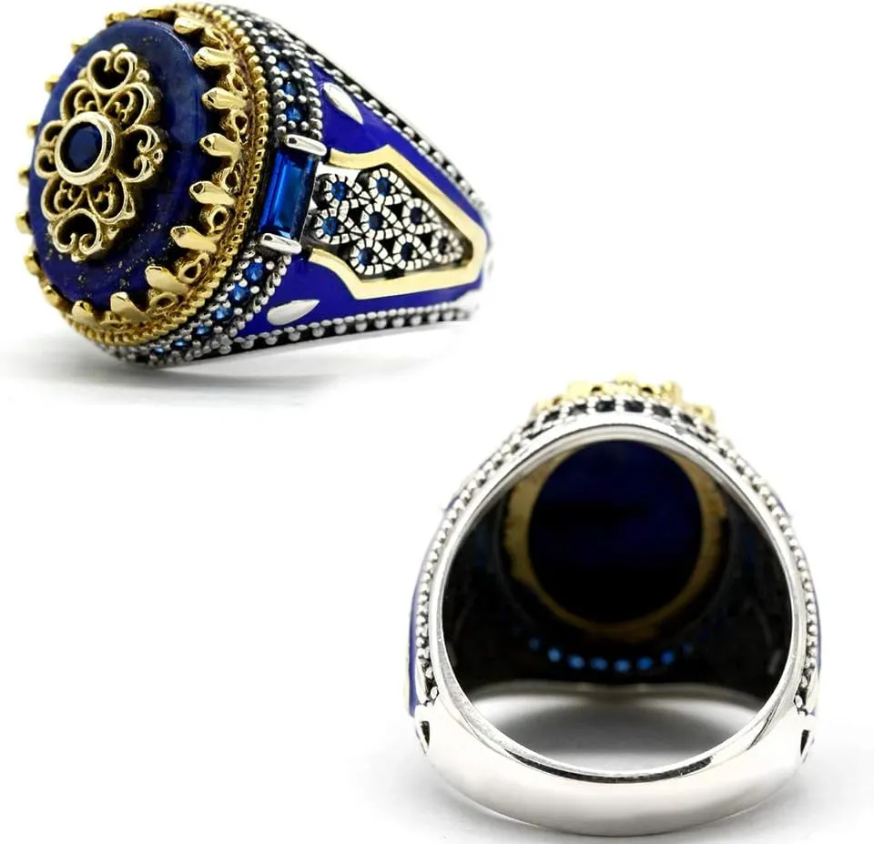 Qida S925 Stamp Sterling Silver Onyx/Lapis Lazuli Ring for Men Female Turkish Handmade Vintage Luxury Band