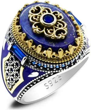 Qida S925 Stamp Sterling Silver Onyx/Lapis Lazuli Ring for Men Female Turkish Handmade Vintage Luxury Band