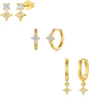 QUINBY Hoop Earrings for Women,14k Gold Plated Earring Sets for Multiple Piercing,Hypoallergenic Star Huggie Earrings,Small Cubic Zirconia Star Earrings for Women Sensitive Ears