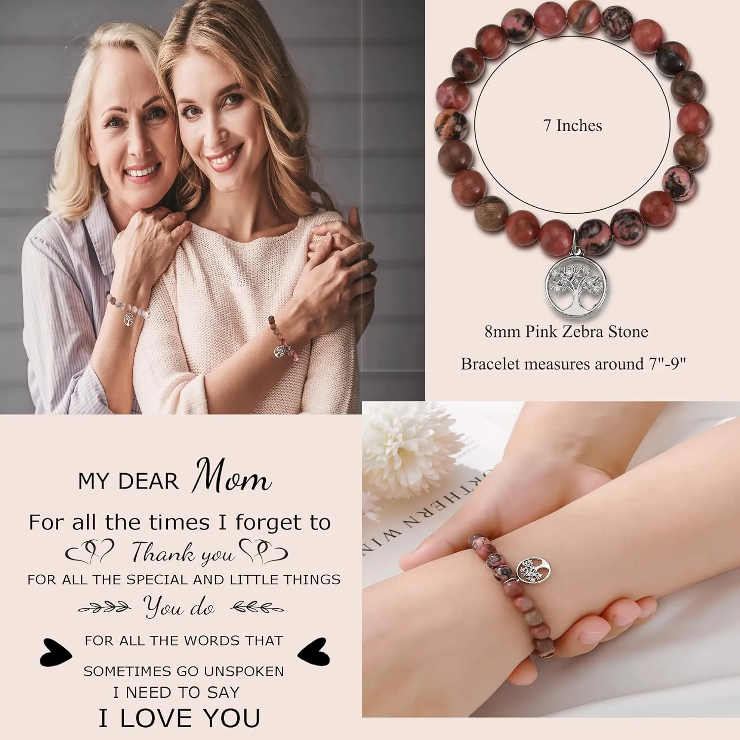 QWNHONEY Mothers Day Gift for Grandma Mom Mother in Law Sister in Law Bonus mom Granny Nana Valentine's Day Birthday Anniversary Pink Red Natural Stone Tree of Life Bracelet
