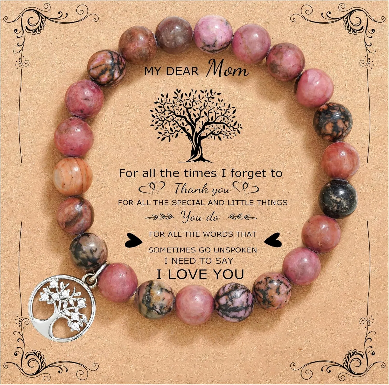 QWNHONEY Mothers Day Gift for Grandma Mom Mother in Law Sister in Law Bonus mom Granny Nana Valentine's Day Birthday Anniversary Pink Red Natural Stone Tree of Life Bracelet