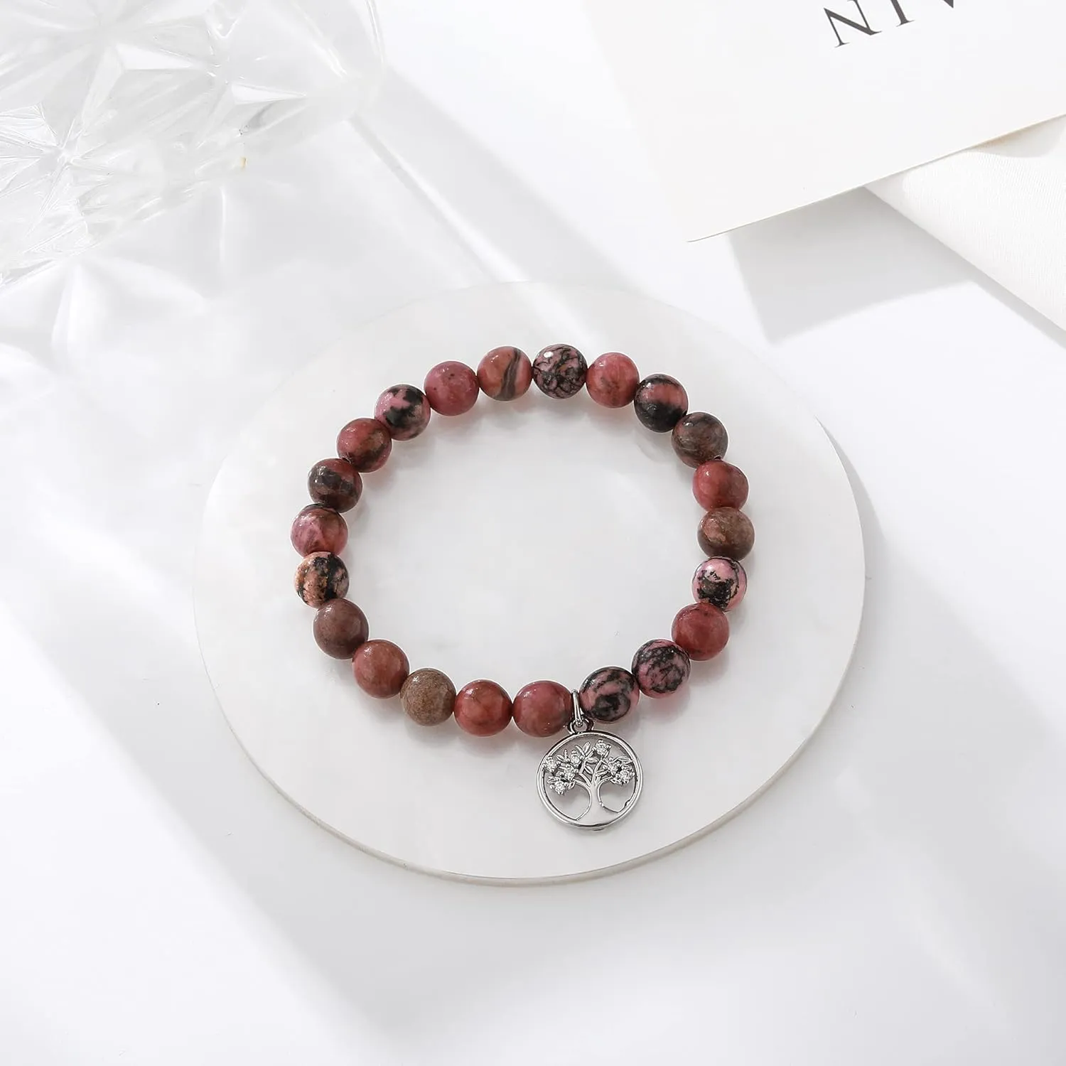 QWNHONEY Mothers Day Gift for Grandma Mom Mother in Law Sister in Law Bonus mom Granny Nana Valentine's Day Birthday Anniversary Pink Red Natural Stone Tree of Life Bracelet