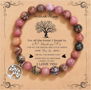 QWNHONEY Mothers Day Gift for Grandma Mom Mother in Law Sister in Law Bonus mom Granny Nana Valentine's Day Birthday Anniversary Pink Red Natural Stone Tree of Life Bracelet