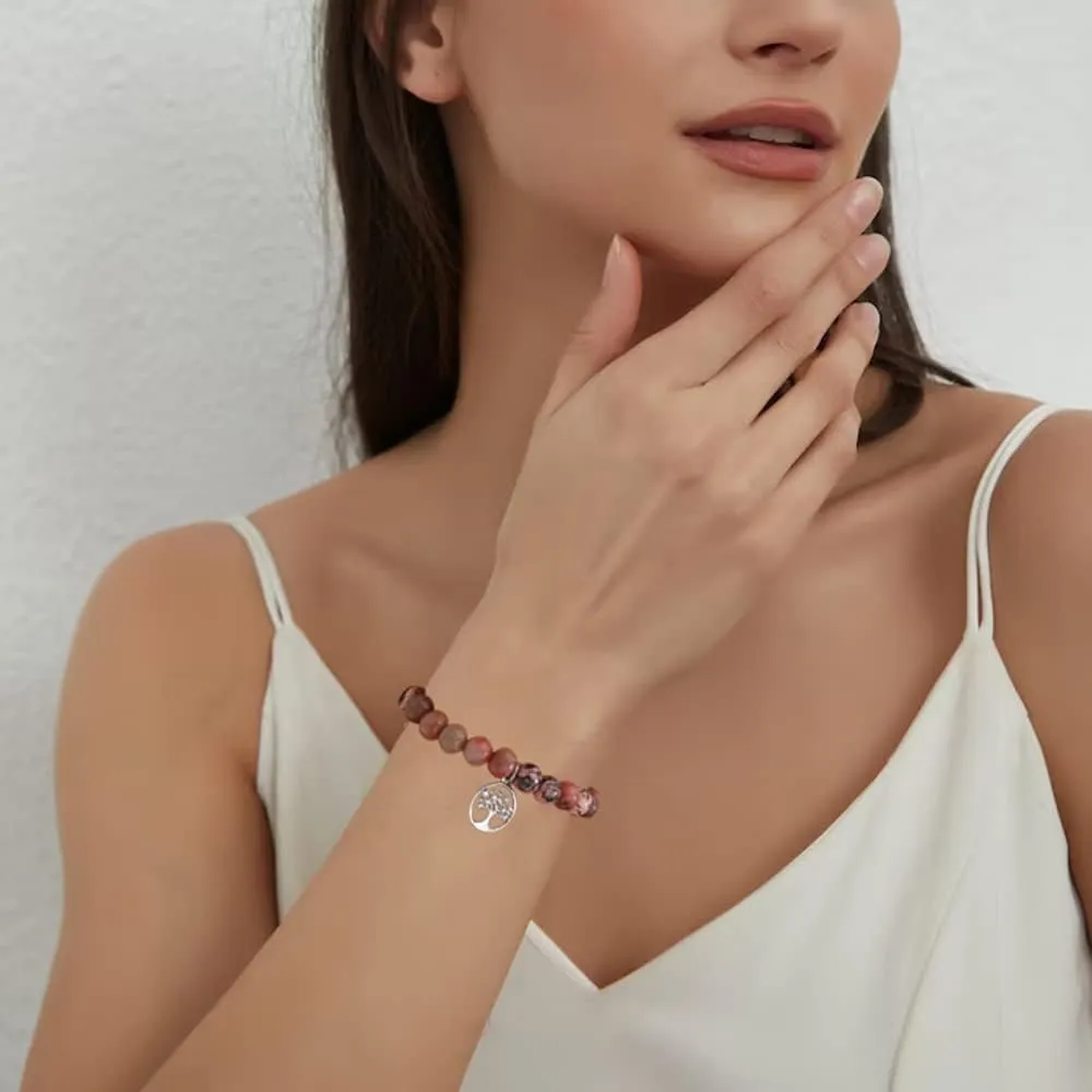 QWNHONEY Mothers Day Gift for Grandma Mom Mother in Law Sister in Law Bonus mom Granny Nana Valentine's Day Birthday Anniversary Pink Red Natural Stone Tree of Life Bracelet