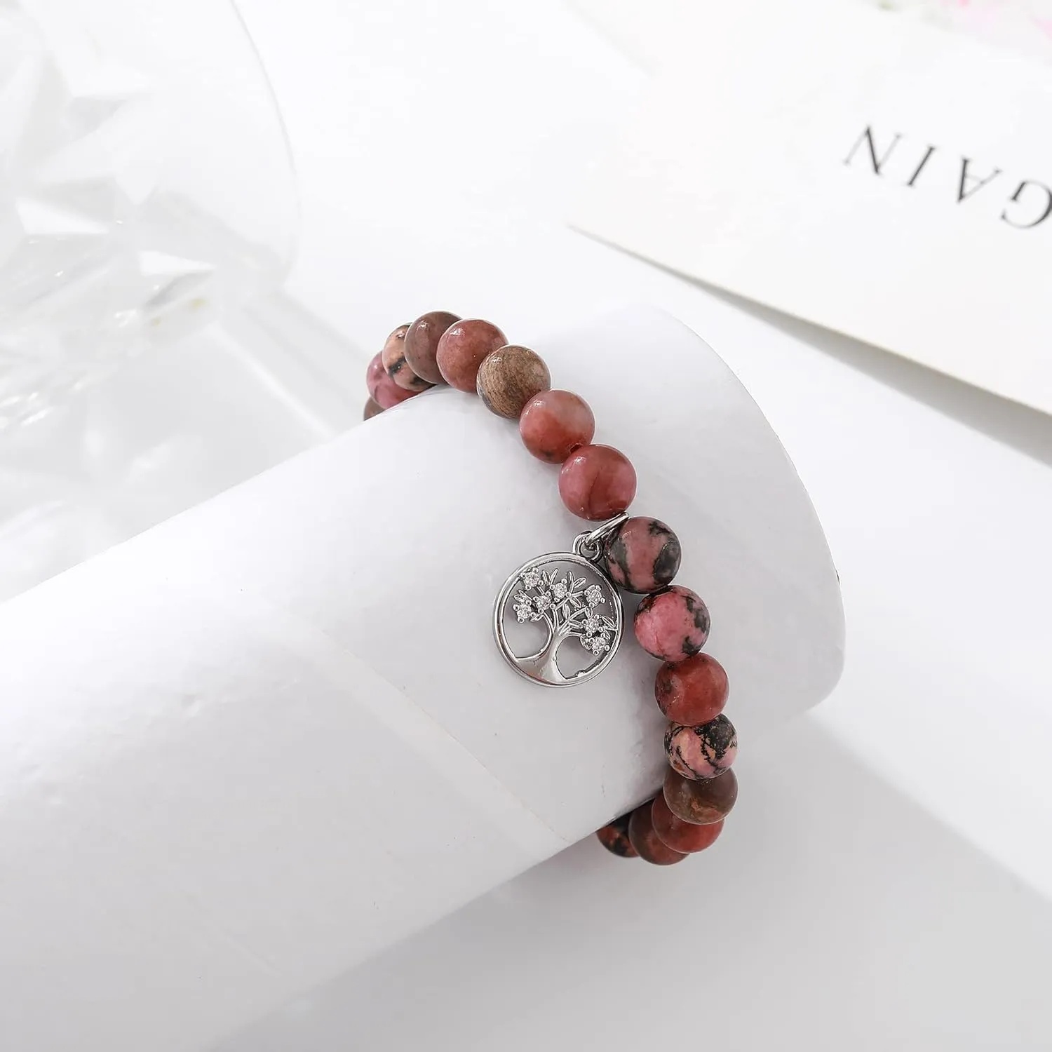 QWNHONEY Mothers Day Gift for Grandma Mom Mother in Law Sister in Law Bonus mom Granny Nana Valentine's Day Birthday Anniversary Pink Red Natural Stone Tree of Life Bracelet
