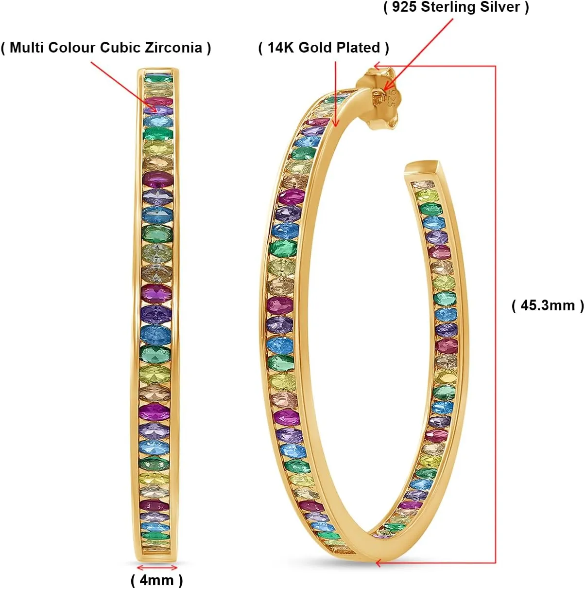 Rainbow Hoop Earrings for Women, 925 Sterling Silver Post Multi-Color Cubic Zirconia 14K Gold Plated Inside-Out Big Circle Hoops Earrings Jewelry Gifts for Women Sensitive Ears